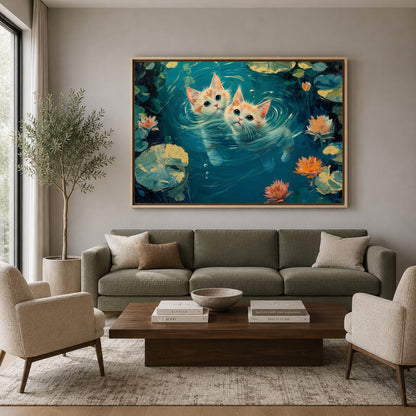 Cute Kittens in Lily Pond Canvas Wall Art | Whimsical Cat Landscape Painting