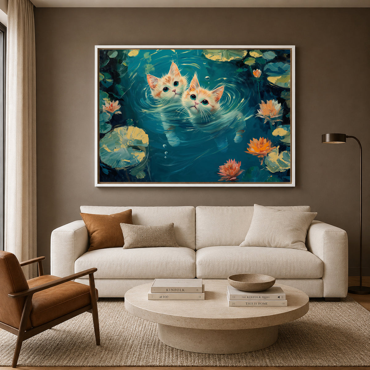 Cute Kittens in Lily Pond Canvas Wall Art | Whimsical Cat Landscape Painting