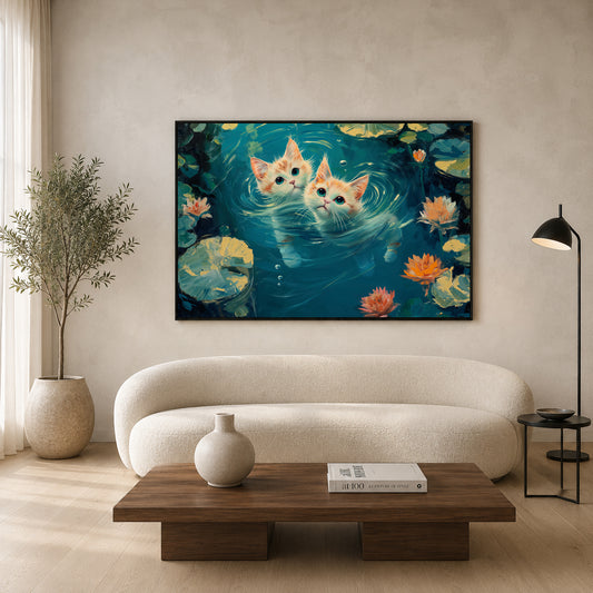 Cute Kittens in Lily Pond Canvas Wall Art | Whimsical Cat Landscape Painting