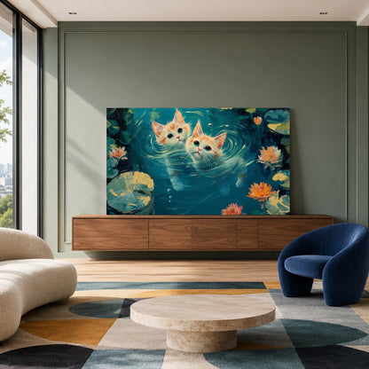 Cute Kittens in Lily Pond Canvas Wall Art | Whimsical Cat Landscape Painting