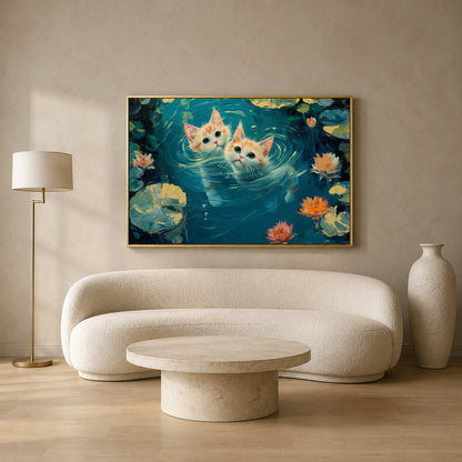 Cute Kittens in Lily Pond Canvas Wall Art | Whimsical Cat Landscape Painting