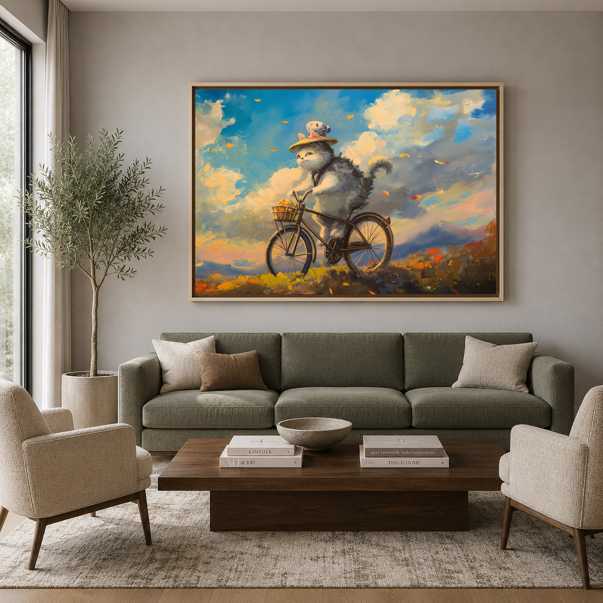 Whimsical Cat on Bicycle Canvas Wall Art | Dreamy Landscape Cat Painting