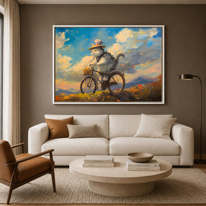 Whimsical Cat on Bicycle Canvas Wall Art | Dreamy Landscape Cat Painting