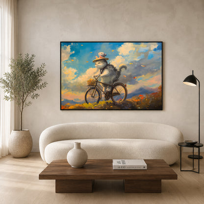 Whimsical Cat on Bicycle Canvas Wall Art | Dreamy Landscape Cat Painting