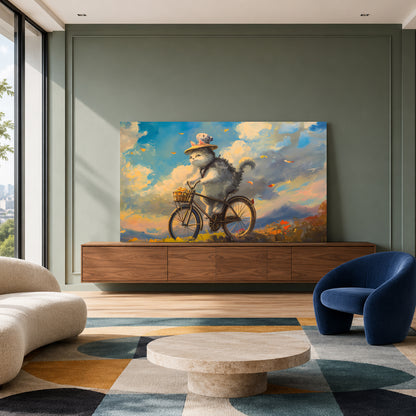 Whimsical Cat on Bicycle Canvas Wall Art | Dreamy Landscape Cat Painting