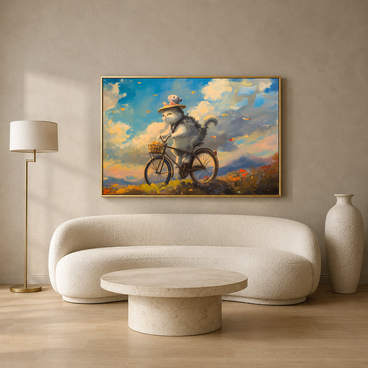 Whimsical Cat on Bicycle Canvas Wall Art | Dreamy Landscape Cat Painting