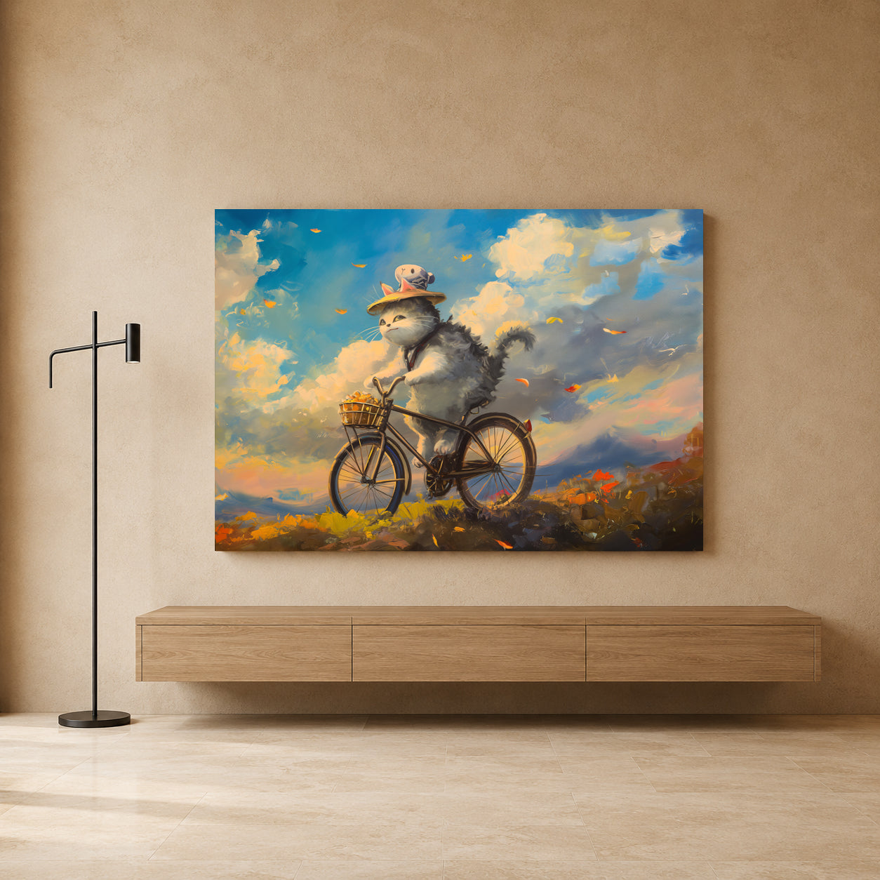 Whimsical Cat on Bicycle Canvas Wall Art | Dreamy Landscape Cat Painting