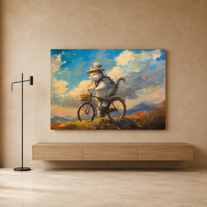 Whimsical Cat on Bicycle Canvas Wall Art | Dreamy Landscape Cat Painting