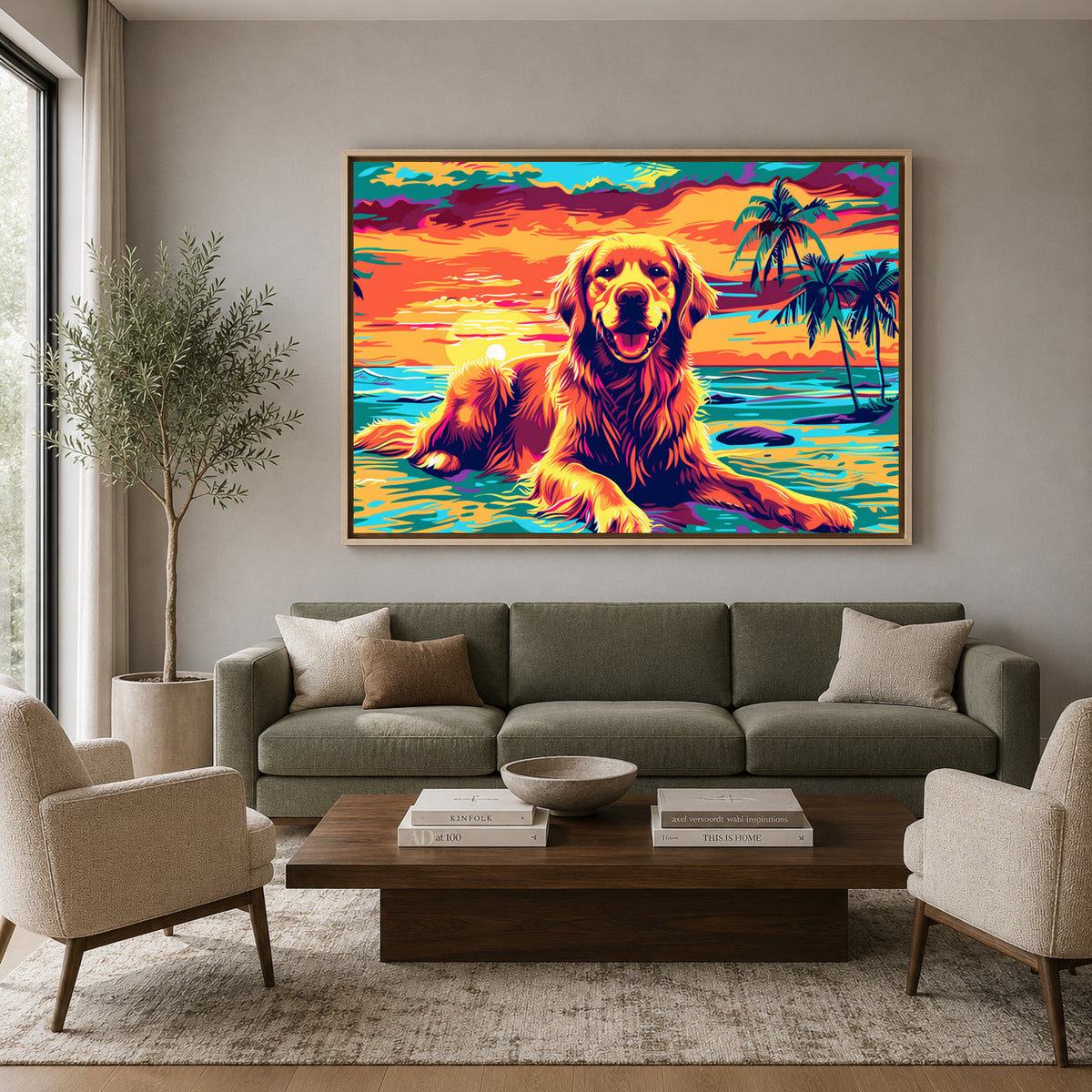 Golden Retriever Sunset Beach Canvas Wall Art | Colorful Pop Art Dog Wall Decor