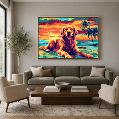 Golden Retriever Sunset Beach Canvas Wall Art | Colorful Pop Art Dog Wall Decor