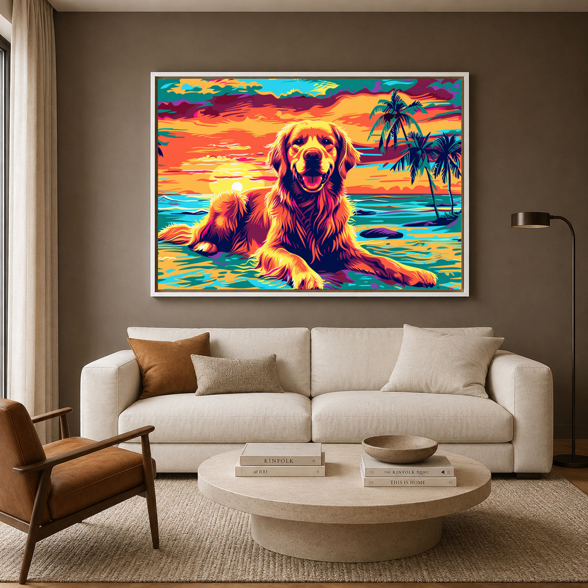 Golden Retriever Sunset Beach Canvas Wall Art | Colorful Pop Art Dog Wall Decor