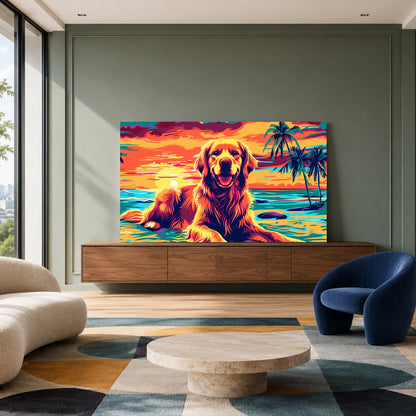 Golden Retriever Sunset Beach Canvas Wall Art | Colorful Pop Art Dog Wall Decor