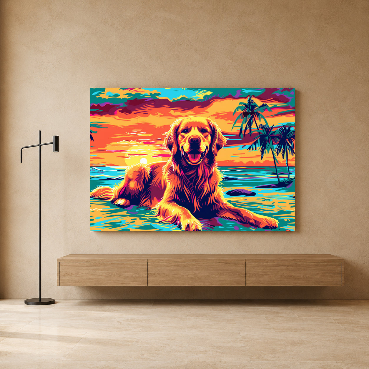 Golden Retriever Sunset Beach Canvas Wall Art | Colorful Pop Art Dog Wall Decor