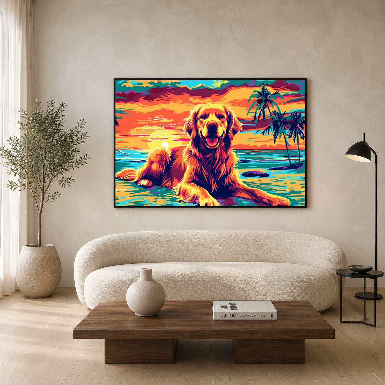 Golden Retriever Sunset Beach Canvas Wall Art | Colorful Pop Art Dog Wall Decor