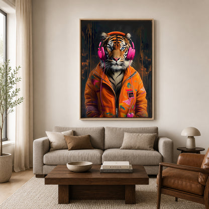 Tiger with Headphones Canvas Wall Art | Modern Animal Canvas Wall Decor