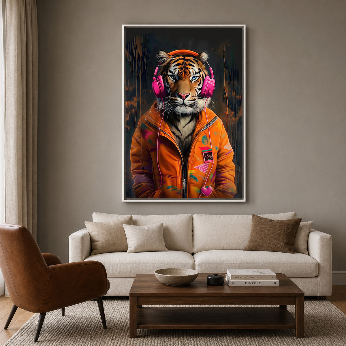 Tiger with Headphones Canvas Wall Art | Modern Animal Canvas Wall Decor