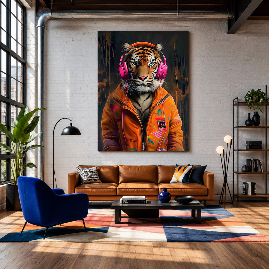 A large vertical canvas print of a stylized tiger wearing pink headphones and an orange jacket, displayed on a white brick wall above a brown leather sofa in a modern living room setting.