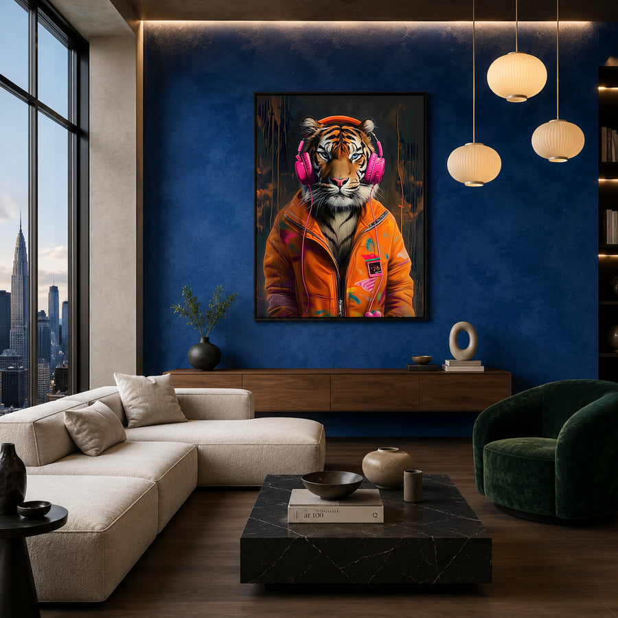 A framed wall art print of a tiger wearing bright pink headphones and an orange jacket, displayed in a modern living room with a blue accent wall, sofa, coffee table, and pendant lights.