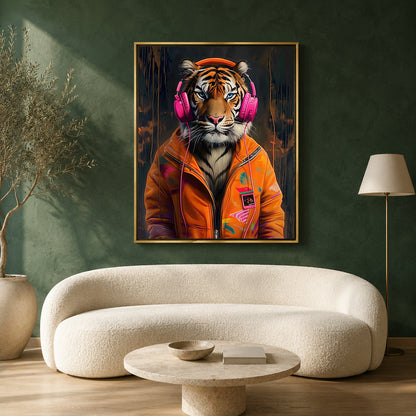 A framed vertical canvas print of a tiger wearing pink headphones and an orange jacket, displayed on a dark green wall above a cream-colored curved sofa in a modern living room setting.