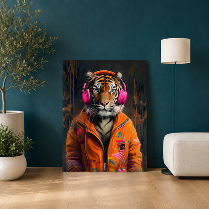 A vertical canvas wall art print featuring a stylized tiger wearing bright pink headphones and an orange jacket, displayed leaning against a dark teal wall in a modern living room setting with a floor lamp, white ottoman, and potted plants.