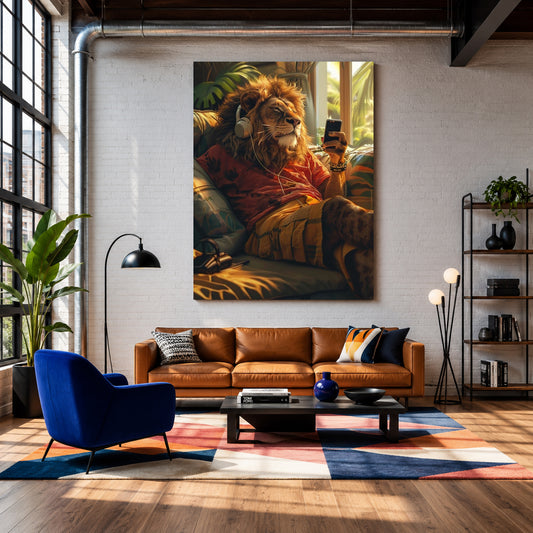 A large vertical canvas print of a lion wearing headphones and holding a smartphone, styled in a modern living room above a brown leather sofa.