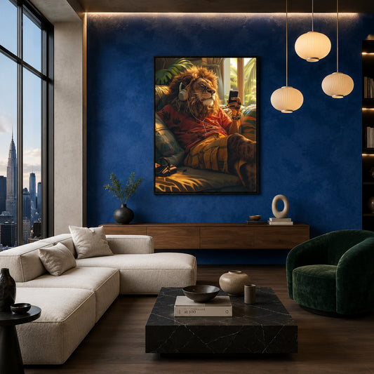 A framed wall art print depicting a lion in a red robe smoking a pipe, displayed in a modern living room with a deep blue textured wall, beige sectional sofa, black marble coffee table, and hanging pendant lights.