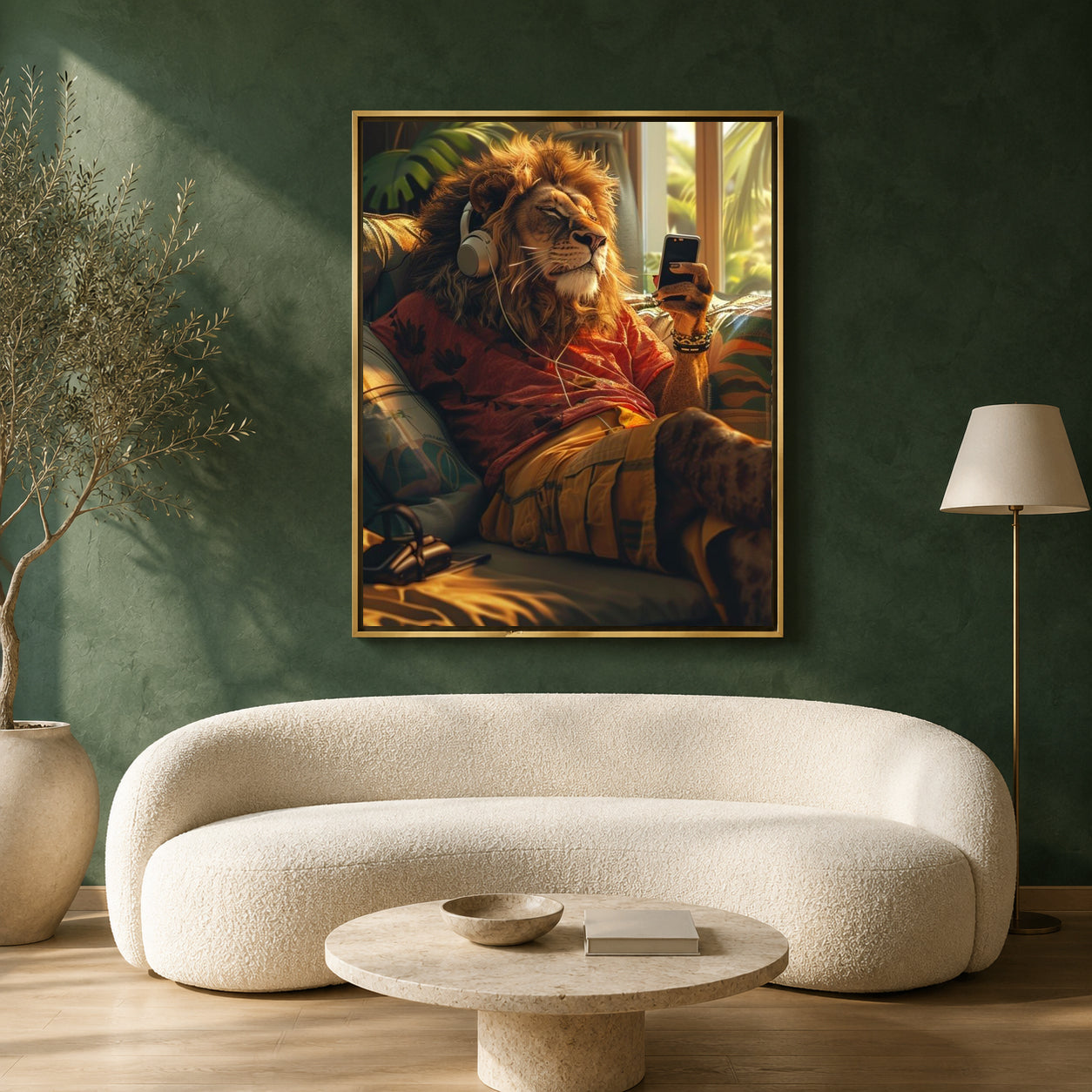A framed wall art print depicting a lion wearing headphones and holding a smartphone, displayed above a cream-colored curved sofa in a modern living room with a green textured wall, floor lamp, and potted plant.