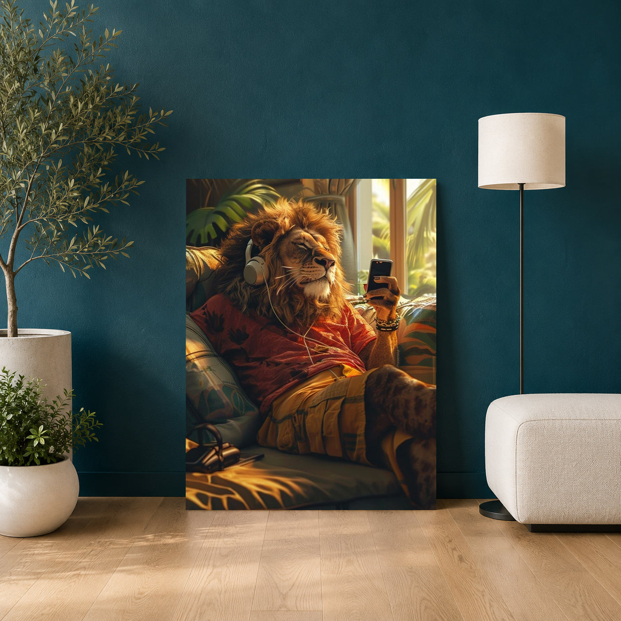 A vertical canvas wall art print depicting a lion lounging on a sofa and taking a phone selfie, styled in a modern living room setting against a dark teal wall.