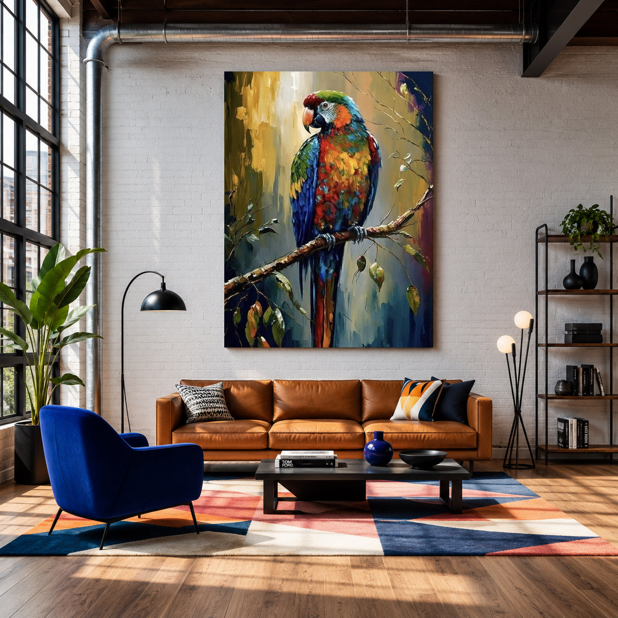 A large vertical canvas print of a colorful painted parrot perched on a branch, displayed on a white brick wall in a modern living room setting with a brown leather sofa, blue armchair, and patterned rug.