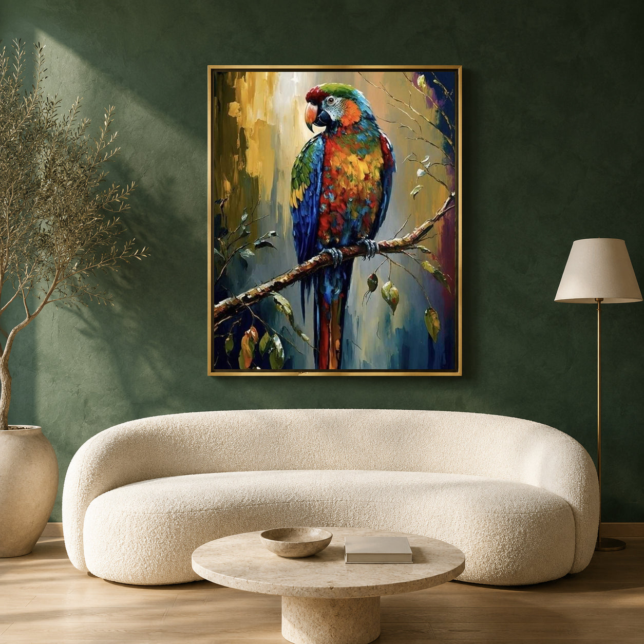 A framed colorful parrot painting hanging on a dark green wall above a cream curved sofa in a styled living room.