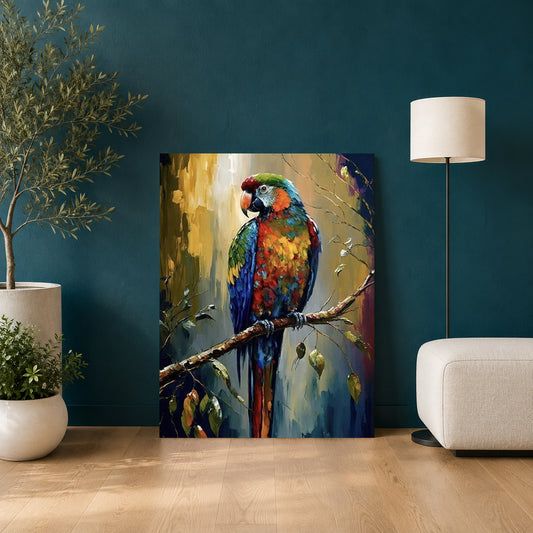 A colorful framed-style wall art print showing a parrot perched on a branch, displayed against a dark teal wall in a styled room with a floor lamp, white ottoman, and potted plants.