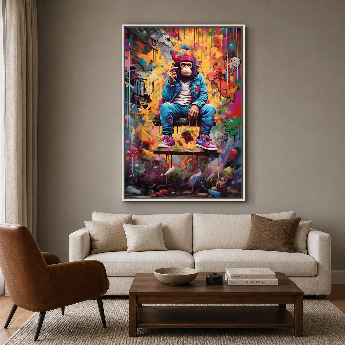 Street Style Monkey Canvas Wall Art for Living Room | Urban Graffiti Ape Canvas Wall Decor