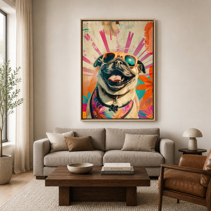 Colorful Happy Pug Canvas Wall Art for Living Room | Pop Art Dog Canvas Wall Decor