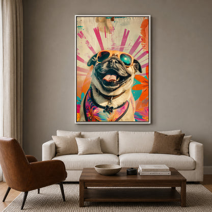 Colorful Happy Pug Canvas Wall Art for Living Room | Pop Art Dog Canvas Wall Decor