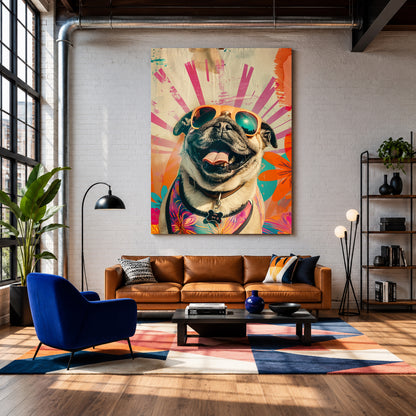 Colorful Happy Pug Canvas Wall Art for Living Room | Pop Art Dog Canvas Wall Decor