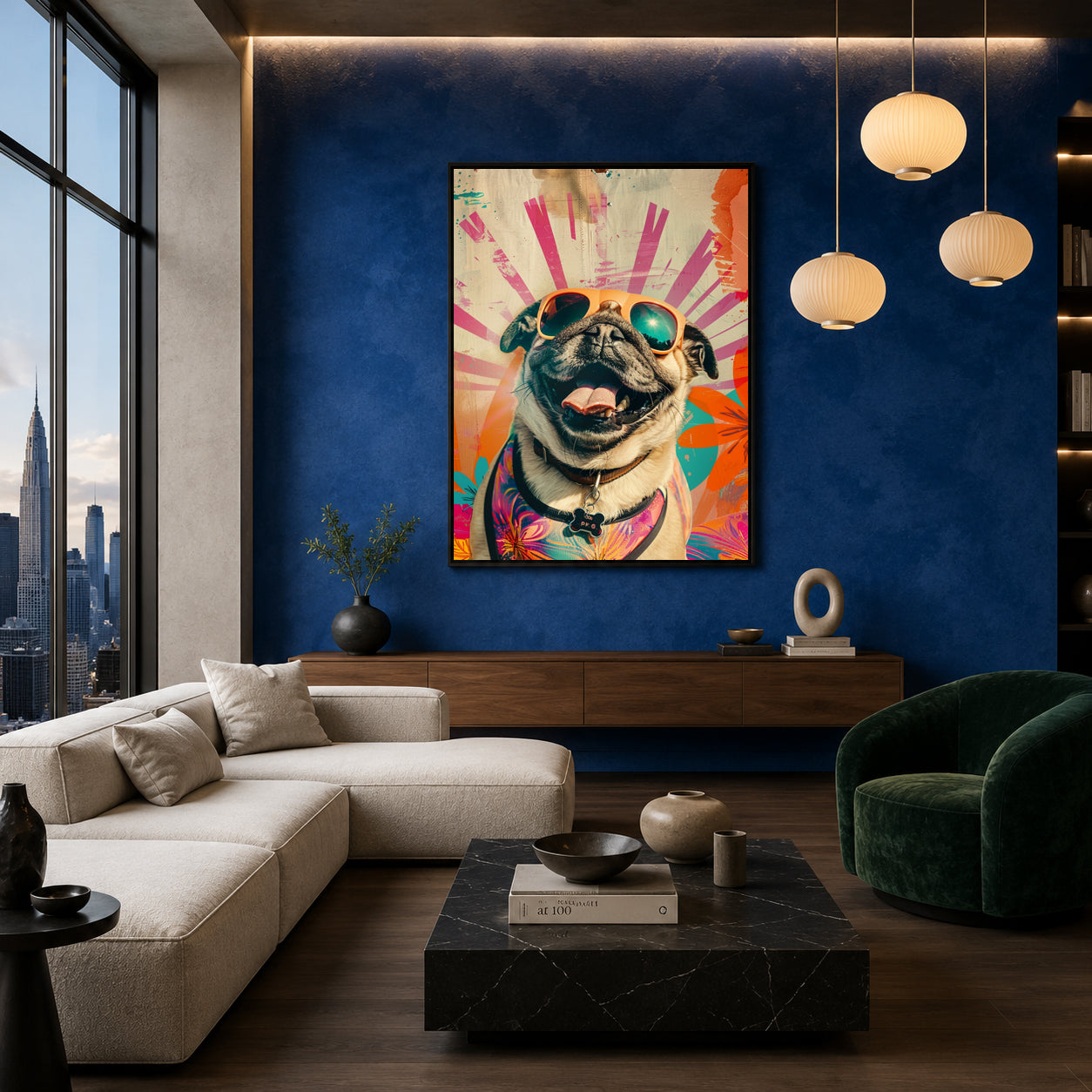 Colorful Happy Pug Canvas Wall Art for Living Room | Pop Art Dog Canvas Wall Decor