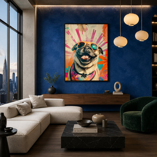 Colorful Happy Pug Canvas Wall Art for Living Room | Pop Art Dog Canvas Wall Decor