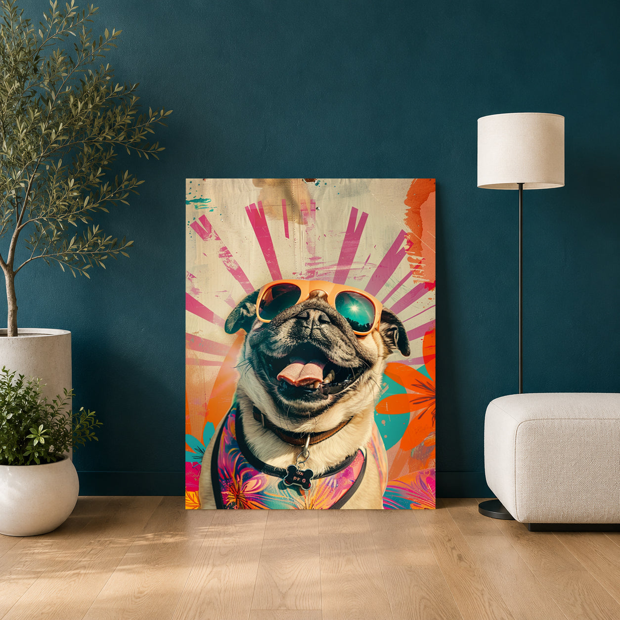 Colorful Happy Pug Canvas Wall Art for Living Room | Pop Art Dog Canvas Wall Decor