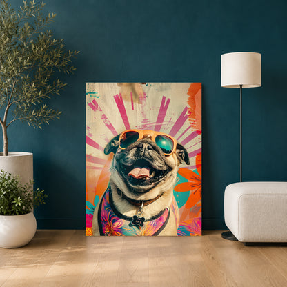 Colorful Happy Pug Canvas Wall Art for Living Room | Pop Art Dog Canvas Wall Decor