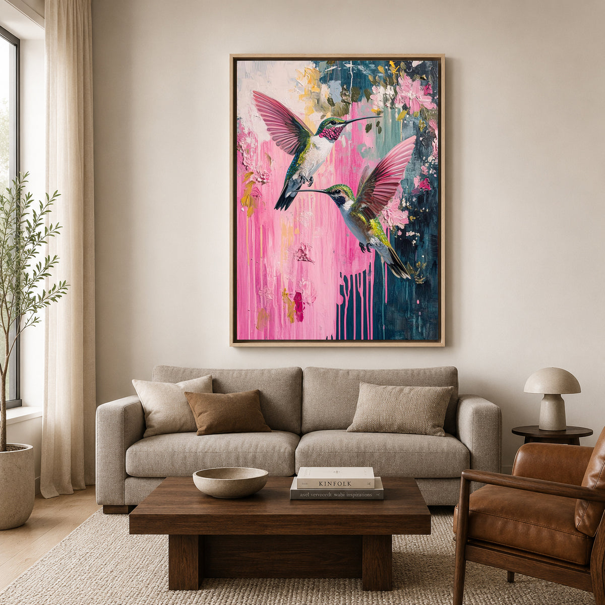 Pink Hummingbird Canvas Wall Art for Living Room | Floral Bird Canvas Wall Decor