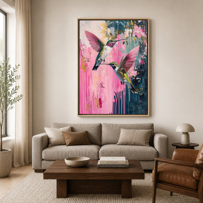 Pink Hummingbird Canvas Wall Art for Living Room | Floral Bird Canvas Wall Decor