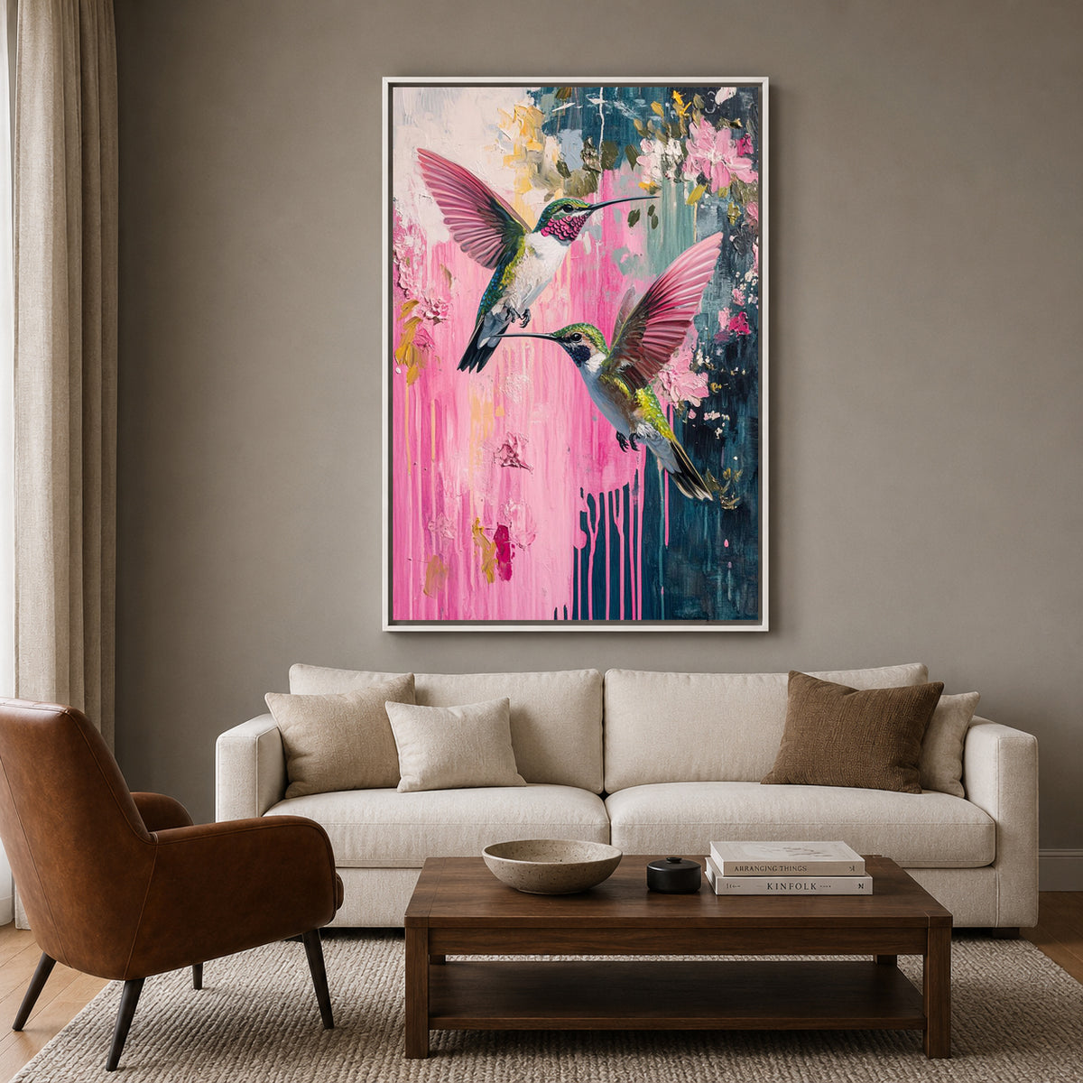 Pink Hummingbird Canvas Wall Art for Living Room | Floral Bird Canvas Wall Decor