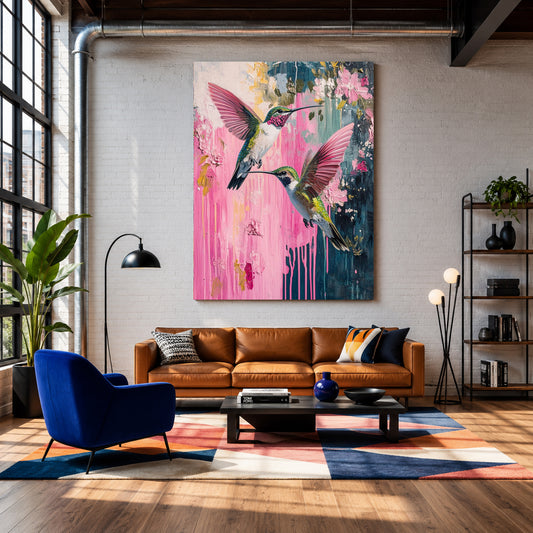 Pink Hummingbird Canvas Wall Art for Living Room | Floral Bird Canvas Wall Decor