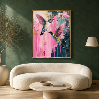 Pink Hummingbird Canvas Wall Art for Living Room | Floral Bird Canvas Wall Decor
