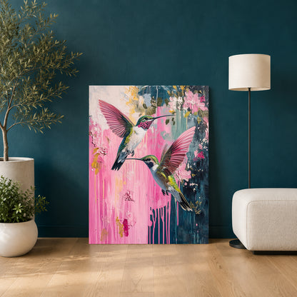 Pink Hummingbird Canvas Wall Art for Living Room | Floral Bird Canvas Wall Decor
