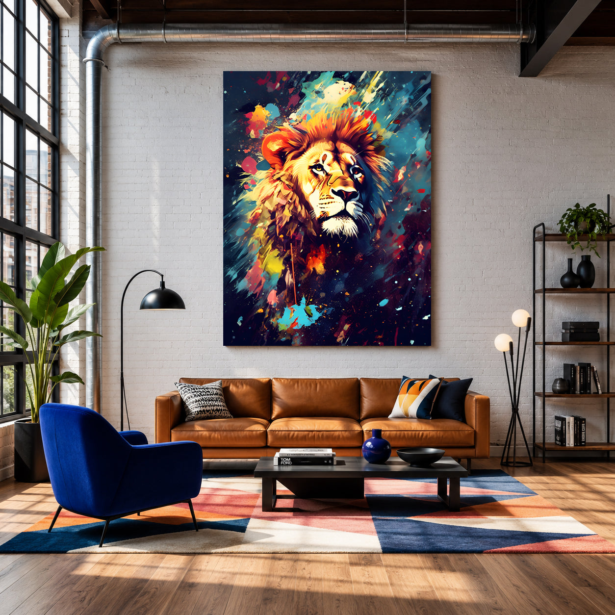 A large vertical canvas print of a colorful, expressive lion portrait hangs on a white brick wall in a modern living room setting with a brown leather sofa, blue armchair, and wooden floor.