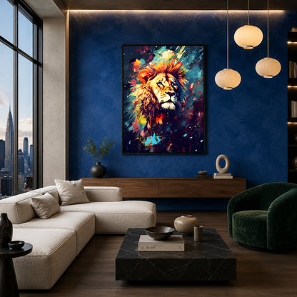 A colorful framed wall art print of a lion in an abstract, painterly style, displayed on a deep blue accent wall in a modern living room setting.