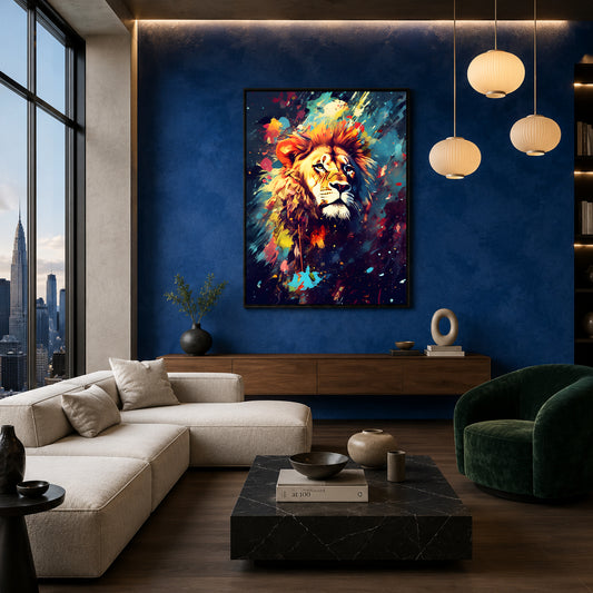 A colorful framed wall art print of a lion in an abstract, painterly style, displayed on a deep blue accent wall in a modern living room setting.