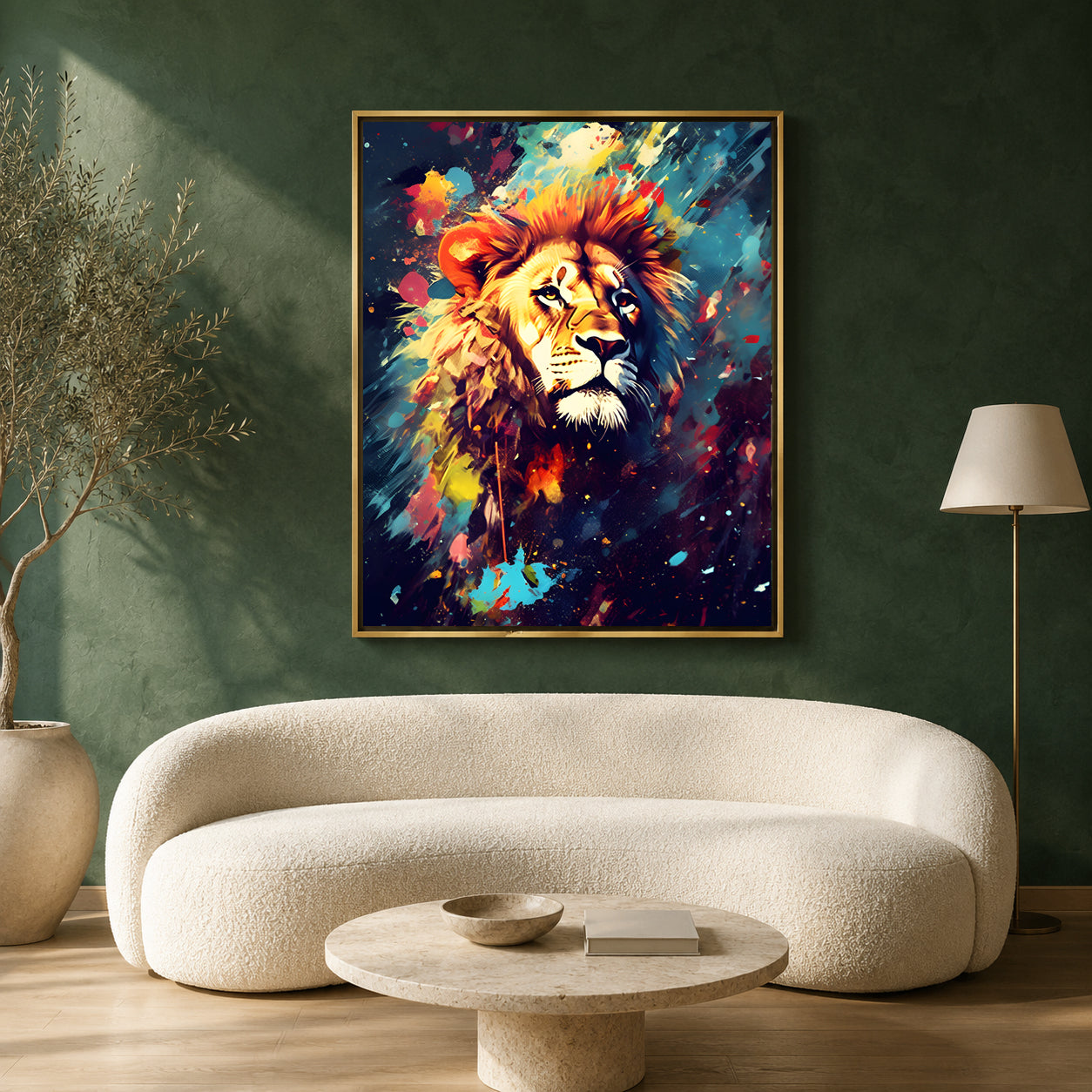 A framed vertical canvas print of a colorful, expressive lion painting hanging on a dark green textured wall above a modern cream-colored curved sofa in a styled living room.