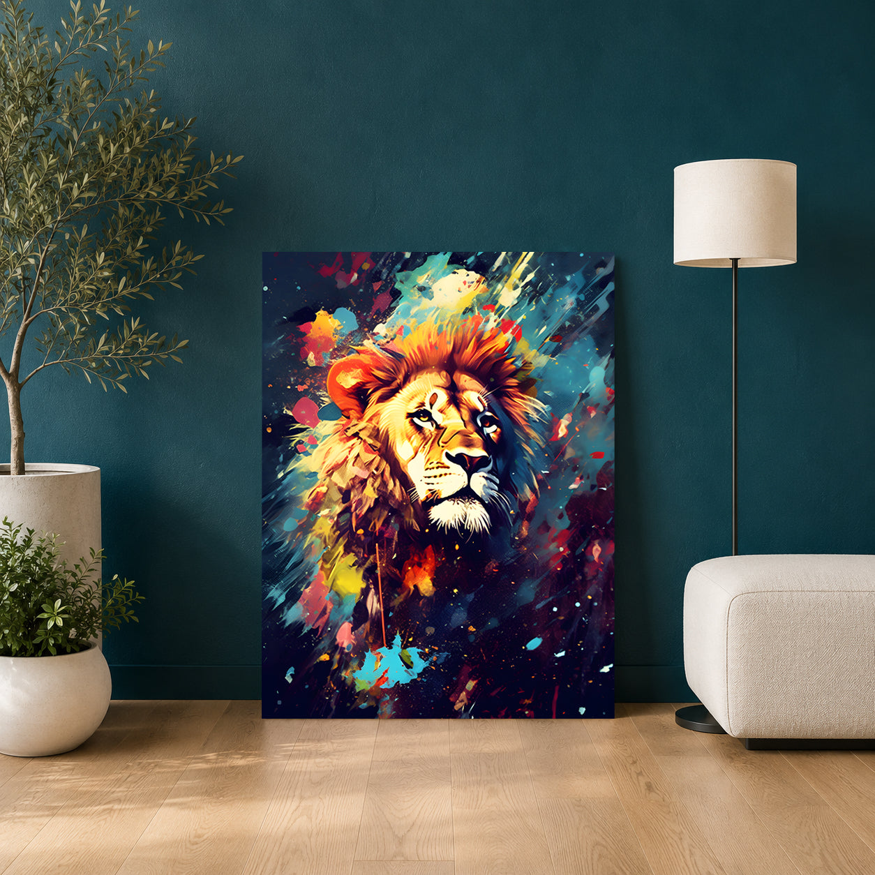 A vertical canvas wall art print featuring a colorful, abstract-style lion portrait, displayed in a modern living room setting against a dark teal wall.